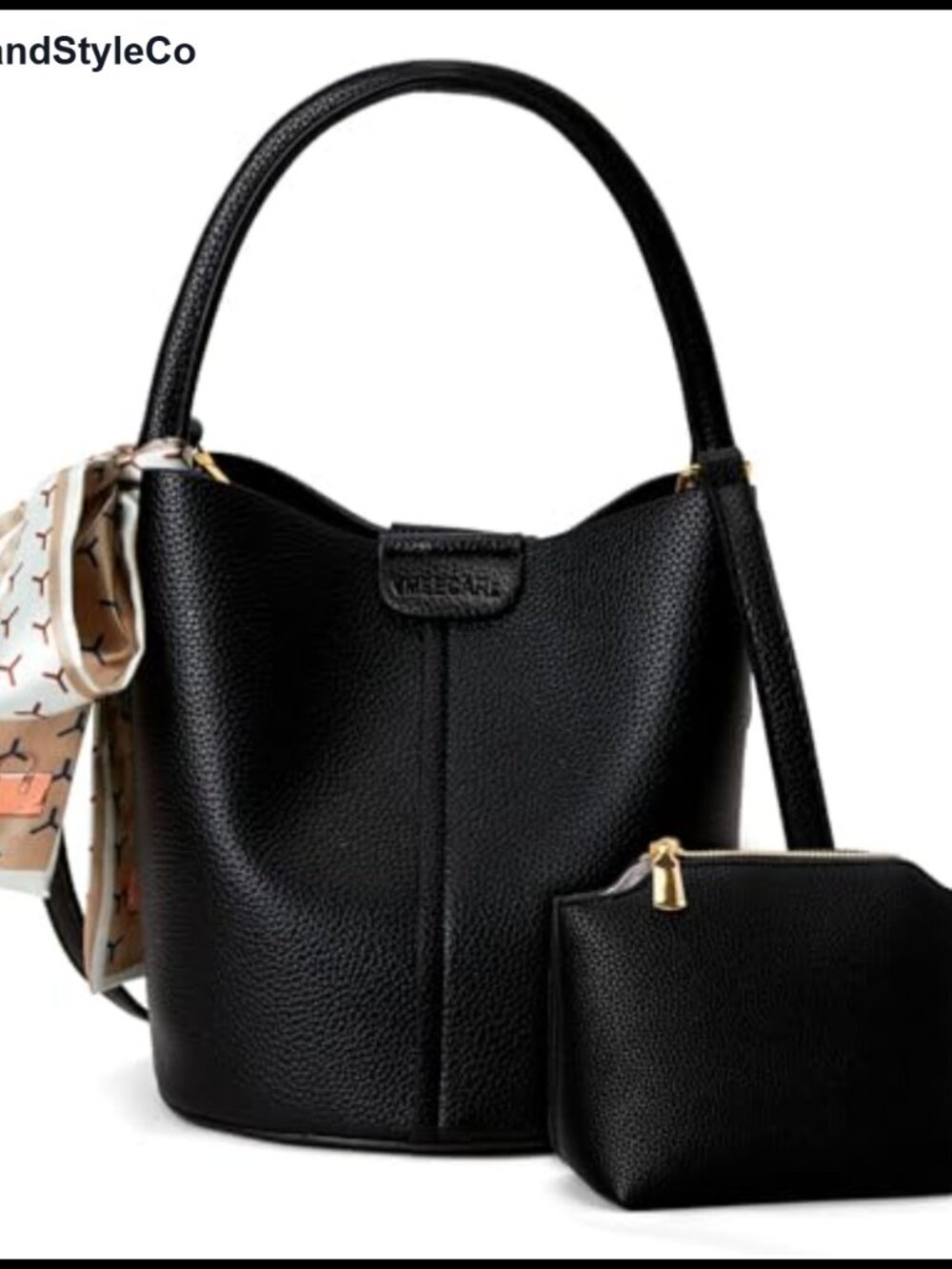 Mini Vegan Leather Bucket Bag Crossbody Purse with Silk Scarf